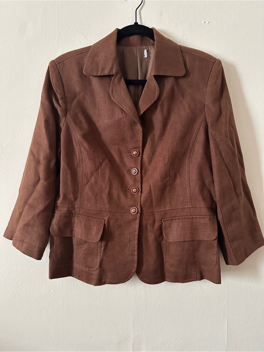 Vintage Brown Women's Red Button-Front Blazer Jacket with Pockets